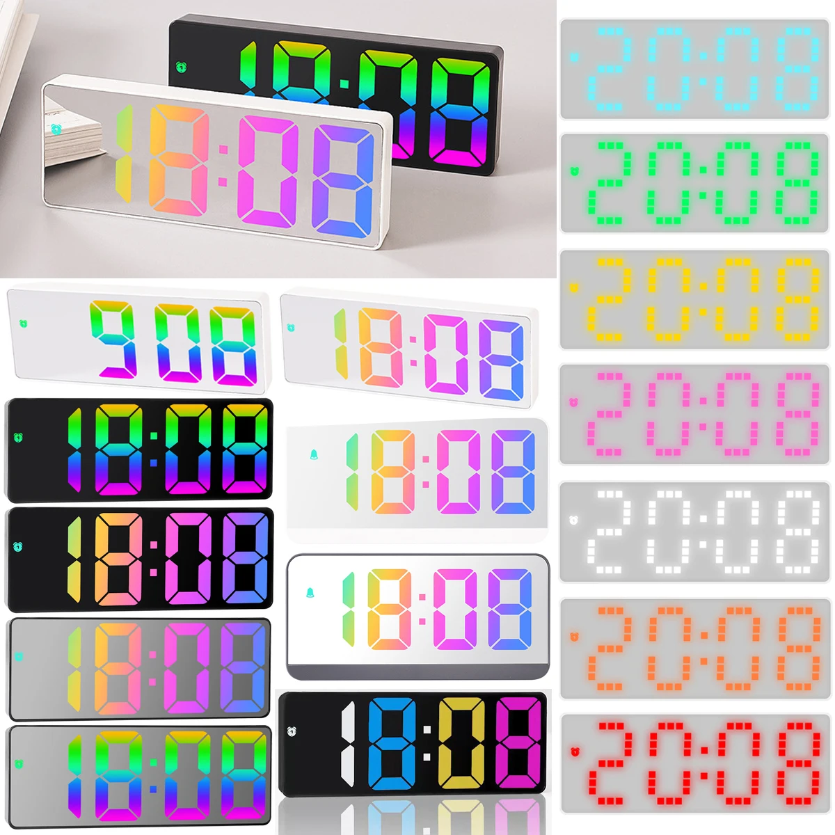 

Colorful Digital Alarm Clock Night Mode Table Clock Snooze 12/24H Electronic LED Clocks Temperature Calendar Clock Despertador