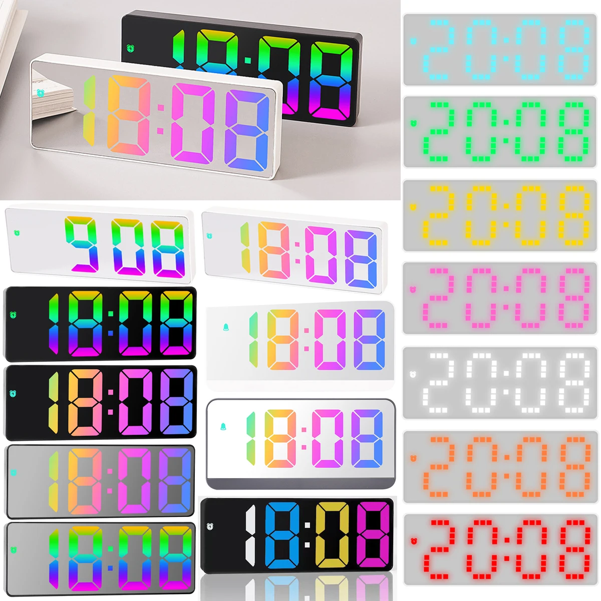 Colorful Digital Alarm Clock Night Mode Table Clock Snooze 12/24H Electronic LED Clocks Temperature Calendar Clock Despertador