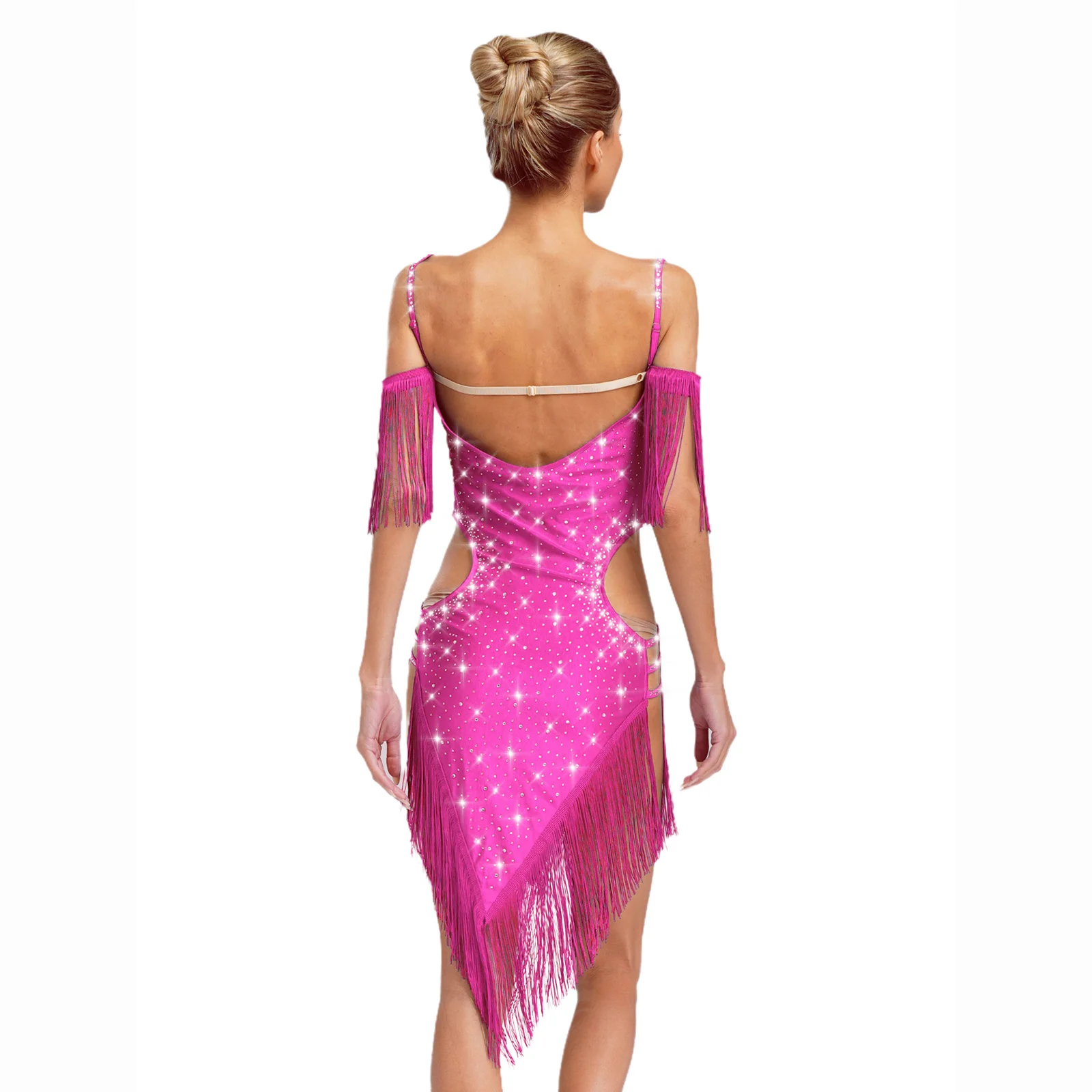 المرأة اللاتينية تشا تشا أداء الرقص زي الجاز السالسا Dancewear انقطاع عارية الذراعين السباغيتي الأشرطة هامش الراين فستان