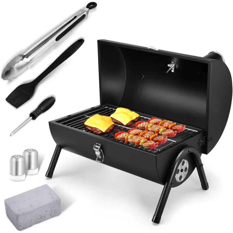 

Portable Small Tabletop Charcoal Grill Set - Heavy-Duty with Innovative Design, Thermometer & Chimney, Plus Accessories Tools