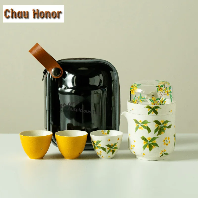 

Hand-painted Osmanthus Flowers Travel Tea Set Kit Elegant 1 Pot 3 Cups Tea Maker Organizer Portable Outdoor Handbag Accessories