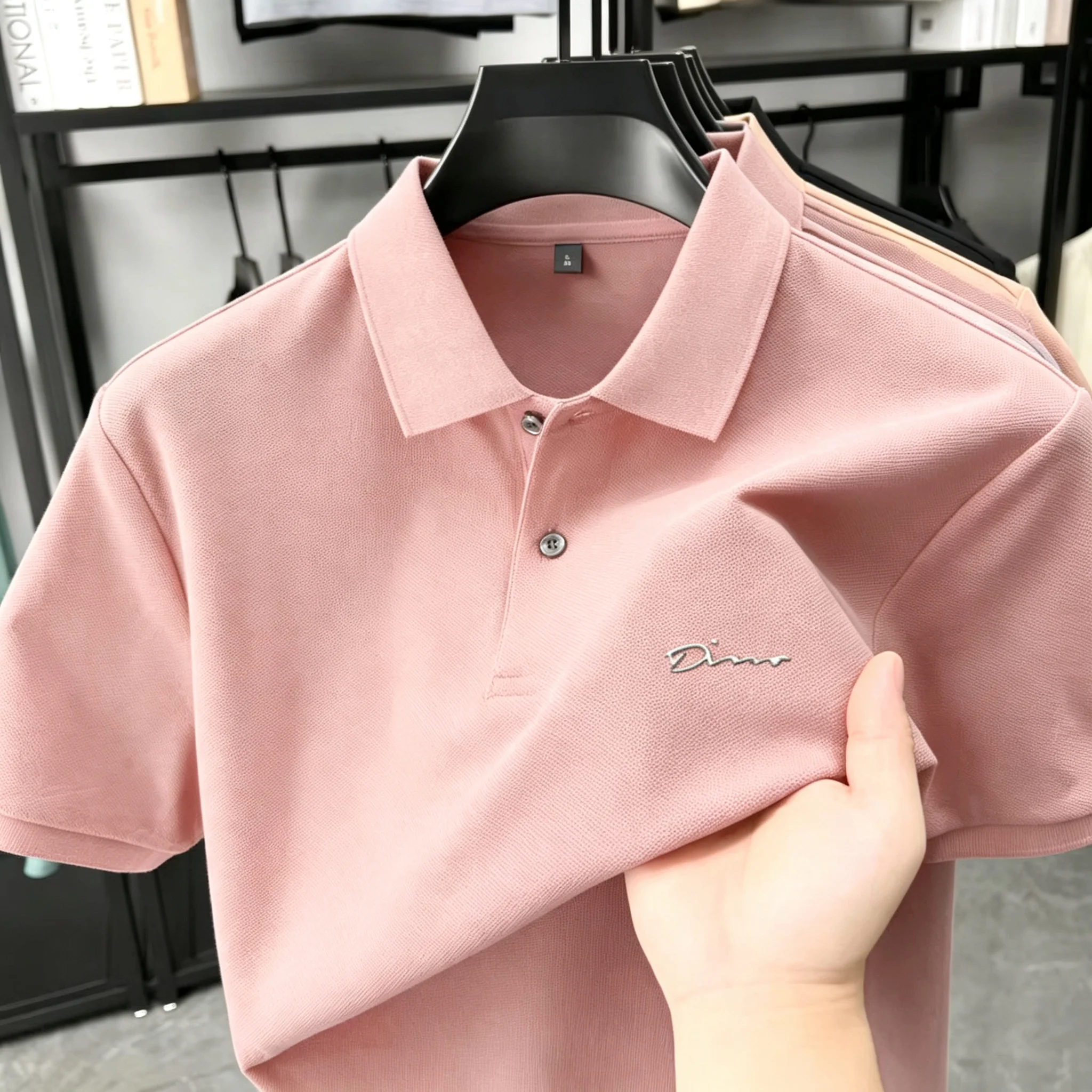 Herren 100% Baumwolle Kurzarm-Poloshirt, Hochwertige Luxusmarke mit Einfacher Buchstaben-Stickerei, Lässiges Atmungsaktives Sommer-T-Shirt – Detail 18