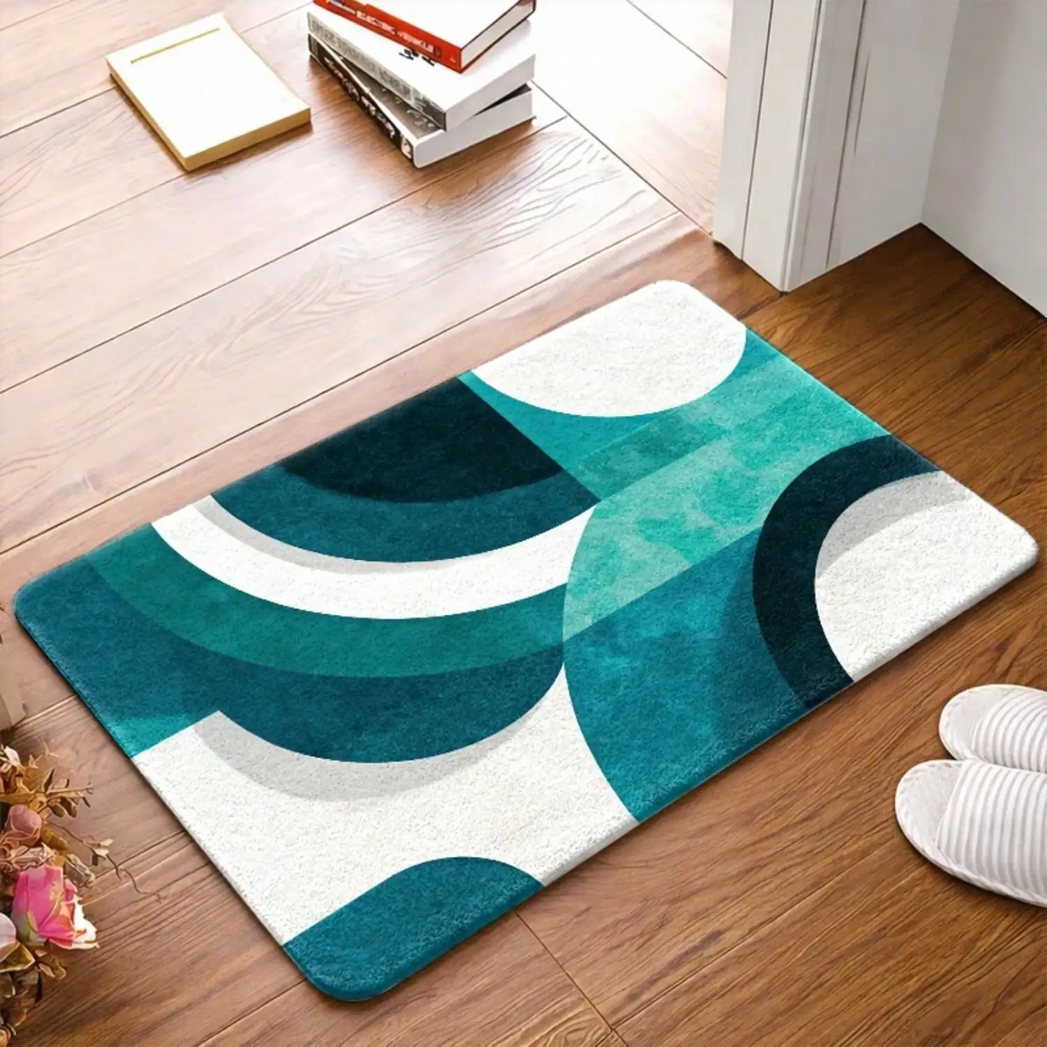 1pc, Modern Abstract Geometric Blue-Green Patterned Mat, Non-Slip Rubber Bottom Flannel Rug, Durable And, Machine Washable, Suitable For Living Room, Bedroom