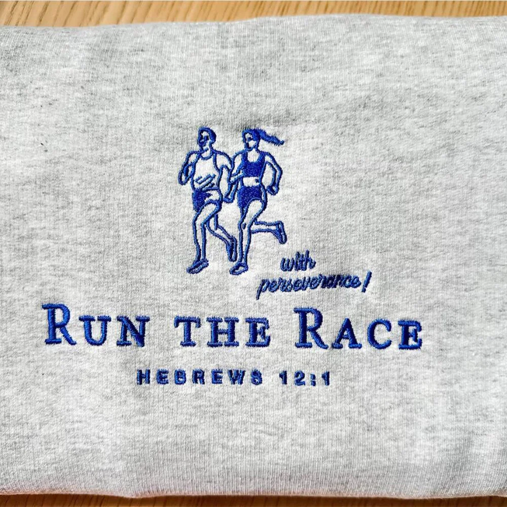 

Винтажные христианские вышитые толстовки Run The Race, свободные весенние толстые флисовые пуловеры унисекс, вдохновляющий джемпер с круглым вырезом