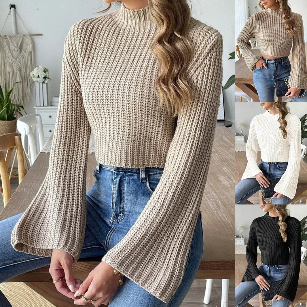 

Новинка зимы: женский укороченный вязаный свитер с высоким воротом, рукавами-колокол, средней посадкой, длинными рукавами, в уличном стиле