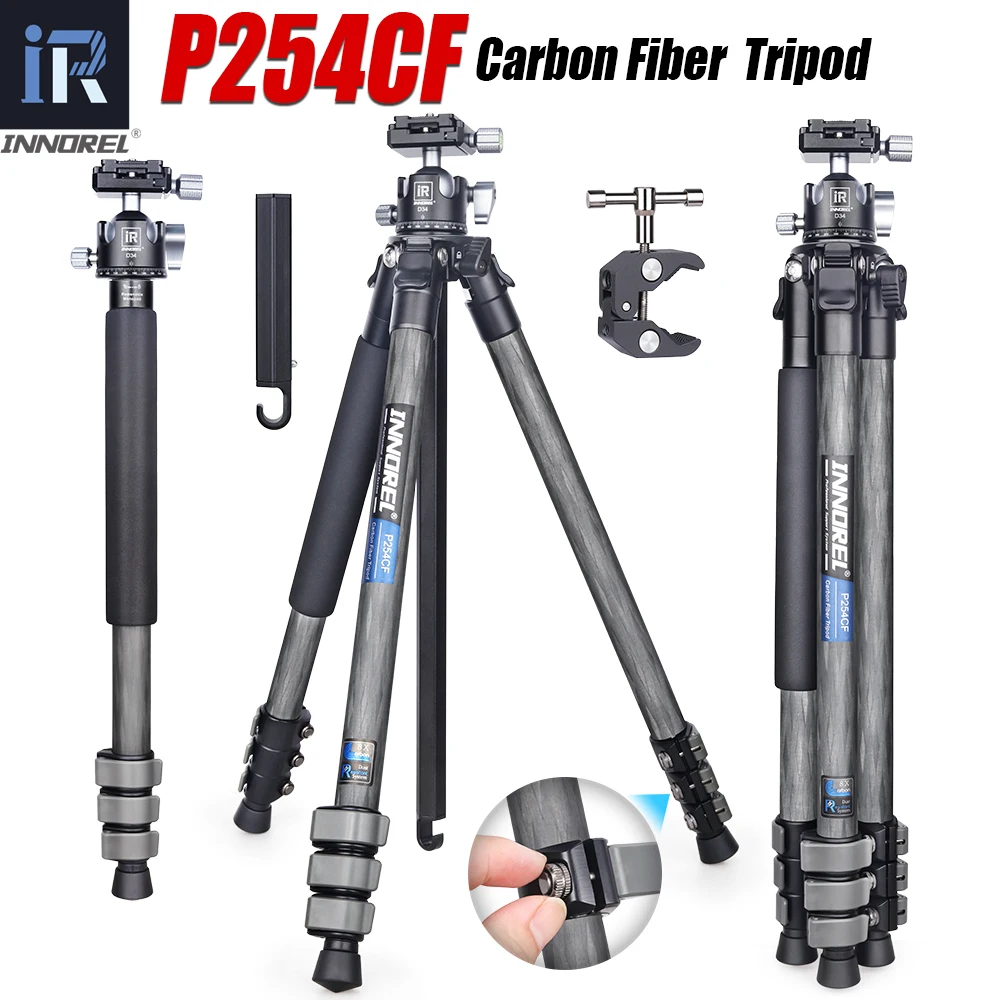 INNOREL P254CF Carbon Fiber Professional Tripod for DSLR Camera Phone Holder Stand With Special-Shaped Center Column Load 12kg