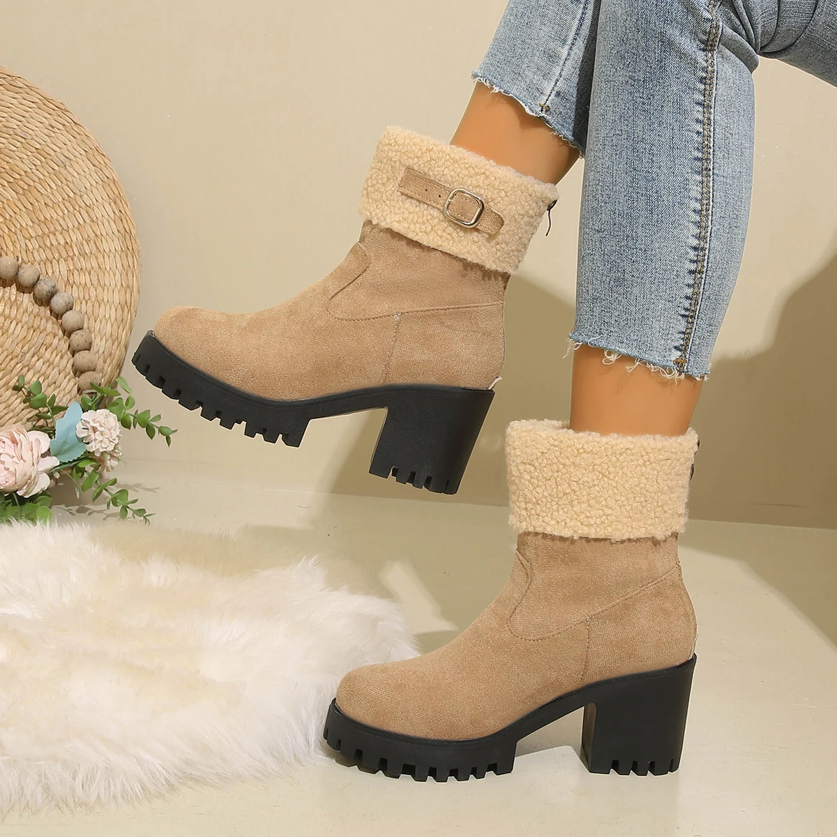 Fashionable and Sexy Large Size Warm Casual Motorcycle Boots New High Heels for Banquet Comfortable Middle Tube Women's Boots