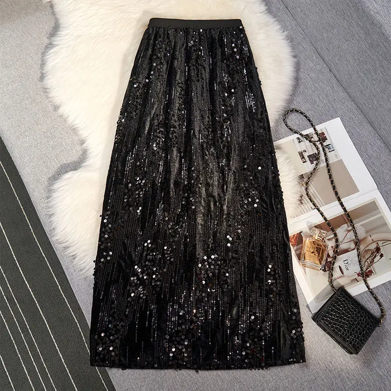 French Style Sweet Summer Women's Elastic Waist Solid Sequined Split Fashion Versatile Slim Mid-length Bag Hip One Step Skirt