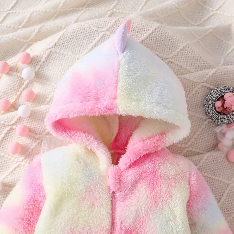 Baby Clothes Cute  Rainbow Dinosaur Baby Romper Hooded Fleece Jumpsuit Toddler Girl Halloween Cosplay Costume Outfit  Long Tail