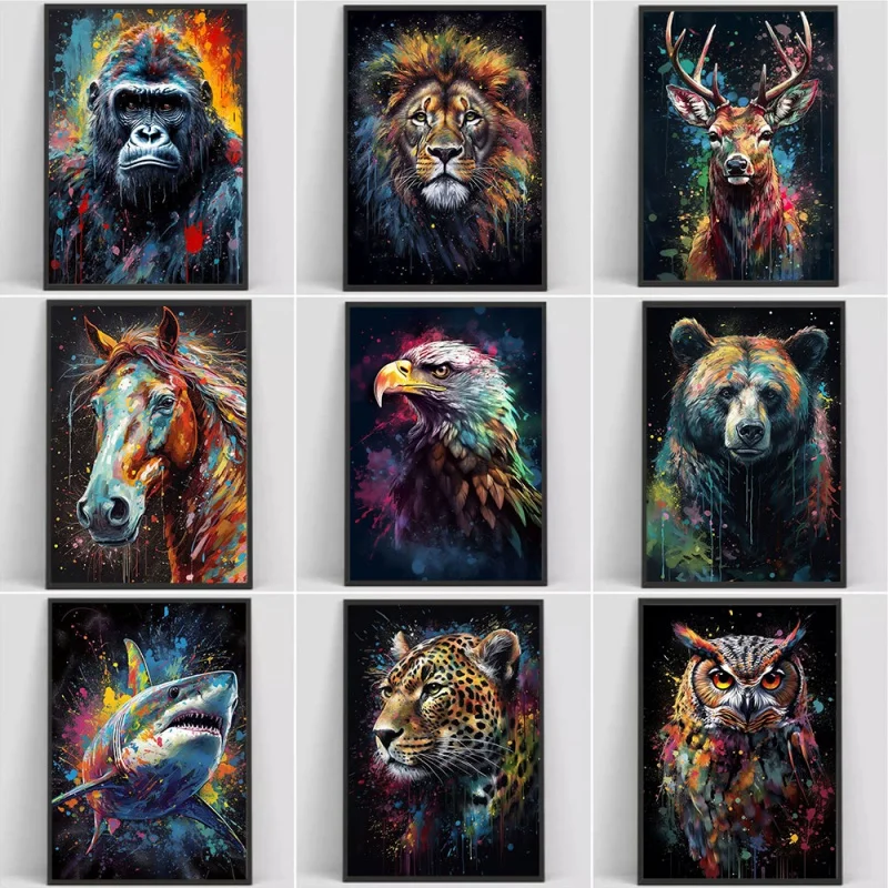 1pc frameless Canvas Classic Abstract Wildlife Wall Art Watercolor Shark Lion Tiger Canvas Poster And Print Living Room Bedro