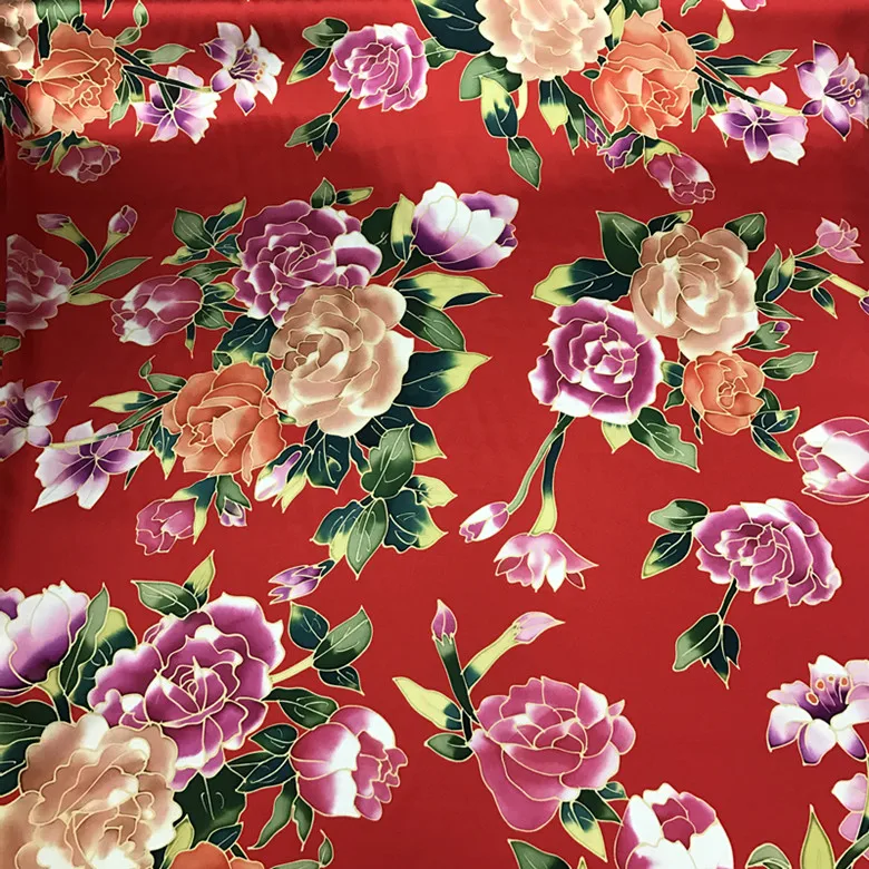 High Quality New 40Momme Silk Red Inkjet Peony Thickened Silkworm Satin Cheongsam Cloth