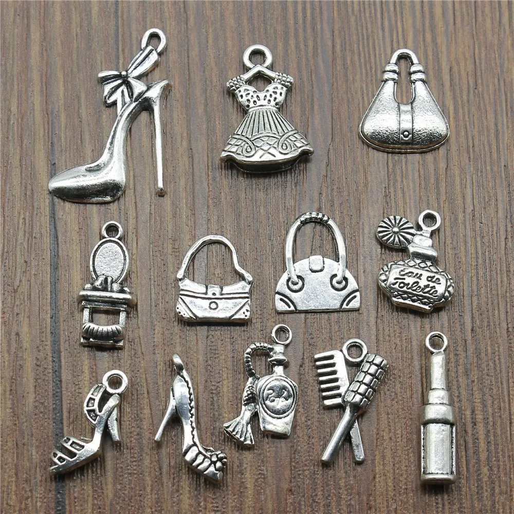 20pcs Antique Silver Color Women\'S Daily Necessities Charms Evening Dress Bags High Heel Perfume Lipstick Charms