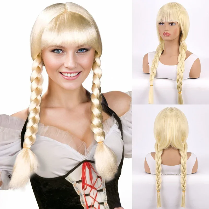 Dinner Party Clothing Match Woman Double Braids Lady Daily Dress Up Headwear Straight Bangs Headgear Anime Cosplay Wig Long Hair
