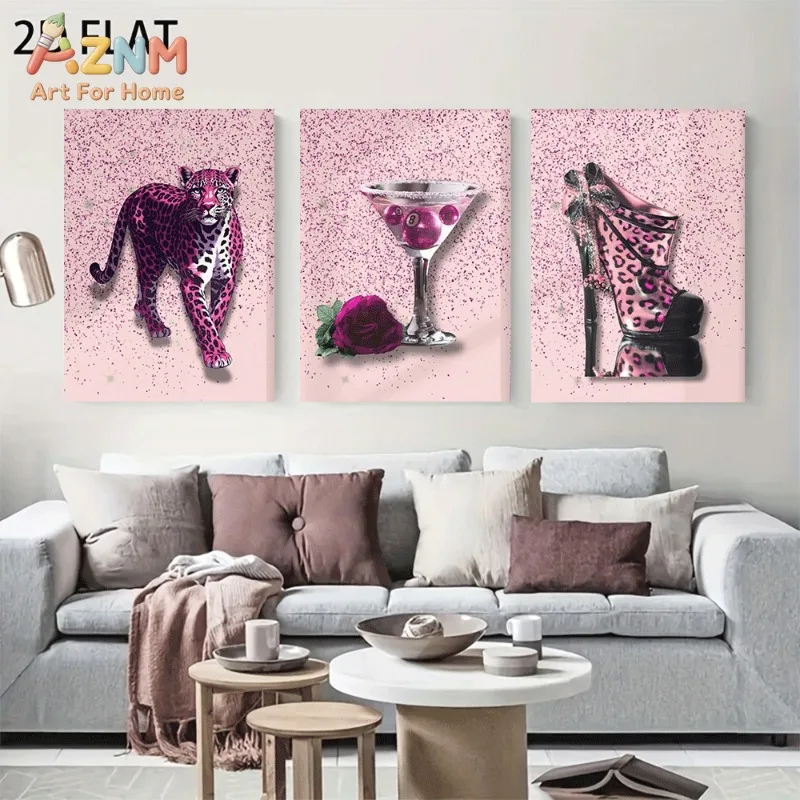 Unframed 3PCS Pink Leopard High Heel Cocktail Rose Canvas Wall Art Glitter Trendy Fashion Print Poster Home Living Room Decor