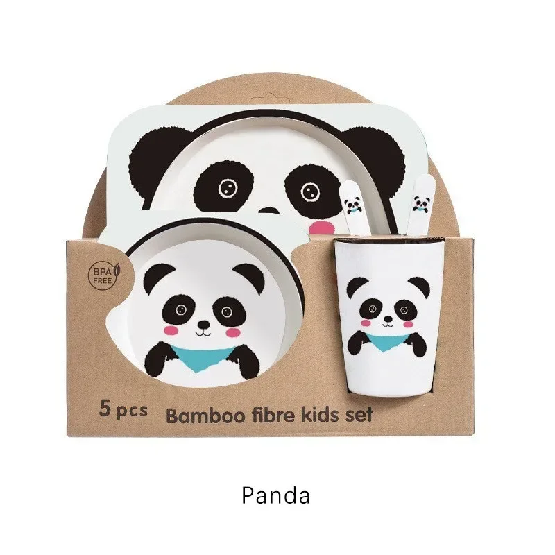 Kids Lunch Box Bamboo Fiber Children\'s Tableware Set Creative Cartoon Bowl Split Dining Plate Spoon Fork Cup 5PCS Set Tableware