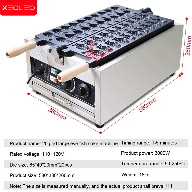 XEOLEO Taiyaki Machine 3000W Electric Fish Shape Waffle Maker 20PCS Taiyaki Maker Non-stick Coating Snack Machine