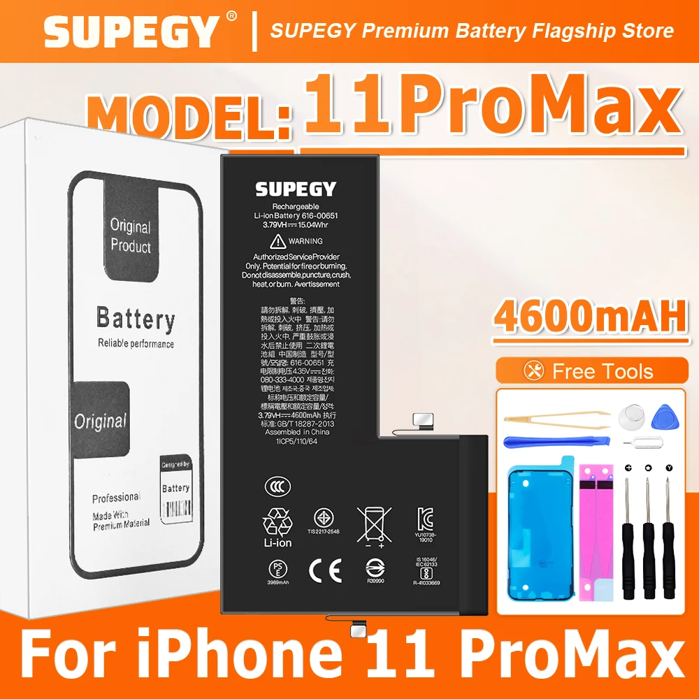 

2026 YEARS SUPEGY High-Quality 100% New Battery for IPhone 11 Pro Max 11ProMax 4600mah High Capacity Phone Battery+Tools