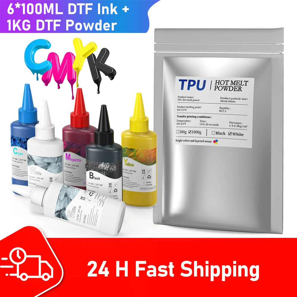 100ML*6 DTF Ink Kit 1KG DTF Powder Hot Melt Adhesive For T-shirt Transfer Printing For Epson L805 L1800 XP600 DTF Printer Ink