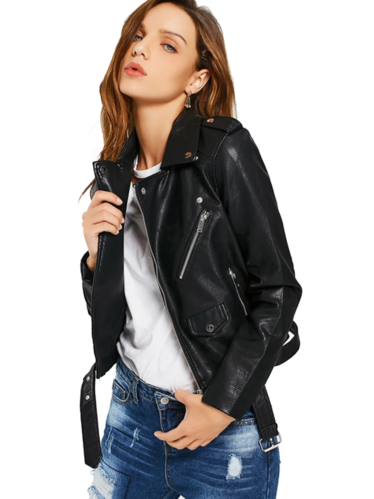 FTLZZ Spring Autumn Women Faux Leather Jacket Soft PU Zip Up Motorcycle Short PU Moto Biker Outwear Fitted Slim Coat with Belt