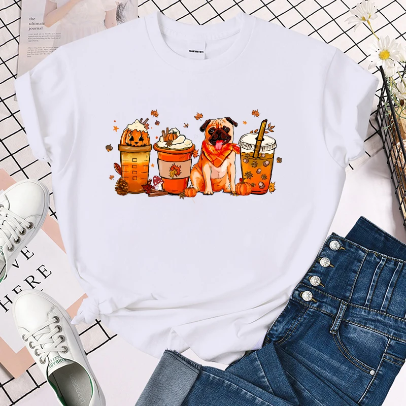 (Premium T-shirt)Fashion Fall Pumpkin Coffee Pug Print T-Shrits For Women Summer Short Sleeve Round Neck Cute Loose T-Shirt tops