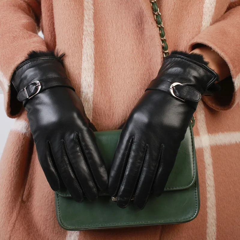 

Female Rabbit Fur mouth Women's Motorcycle Riding Gloves Velvet Thickened Winter Warm Genuine Leather Sheepskin for Driving