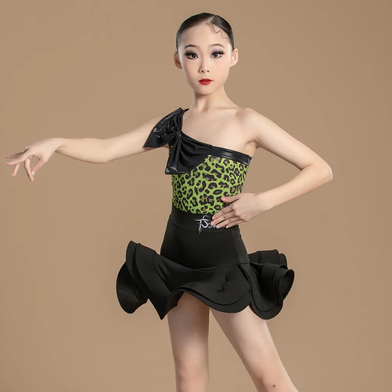 

2024 New Single Strap High-End Green Leopard Print Bright Dress Chacha Rumba Tango Kids Latin Dance Performance Clothes DN17644