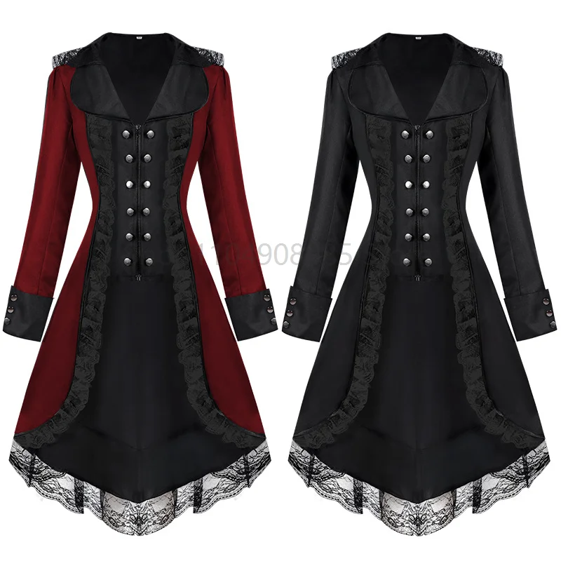 

2025 Halloween Cosplay Costumes Medieval Victorian Women Outwear Steampunk Gothic Tailcoat Button Retro Lace Long Pirate Jackets