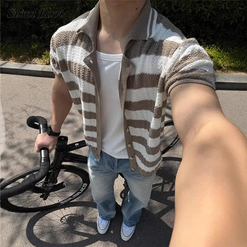 Vacation Casual Hollow Out Knit Shirt Tops Men Vintage Striped Contrast Color Knitted Shirts Mens Summer Fashion Buttoned Shirts
