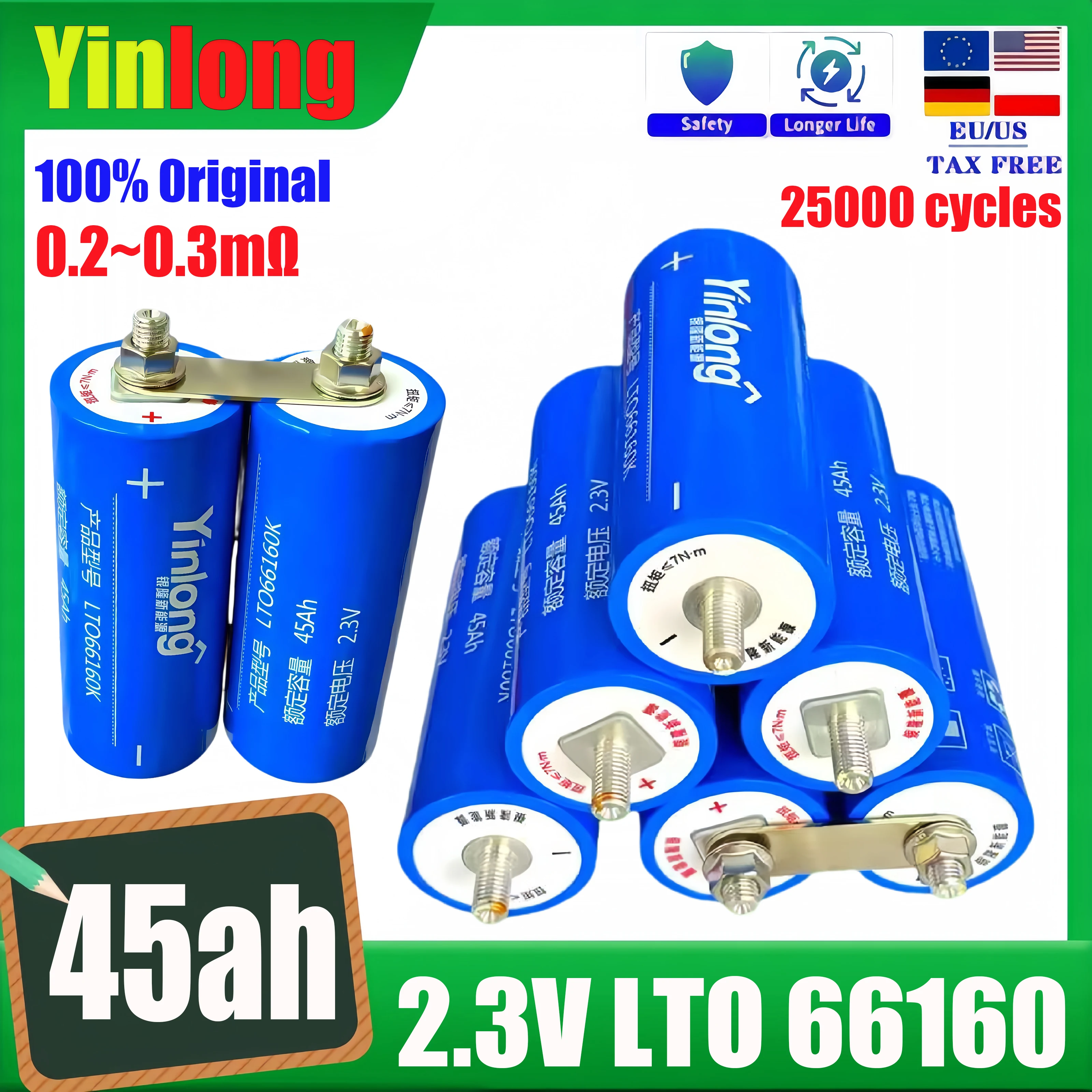 

Original yinlong 2.3V 45AH 40AH 35AH Lithium Titanate Battery LTO66160 10C DIY 12V 24V 48V RV Audio Start Charging Battery