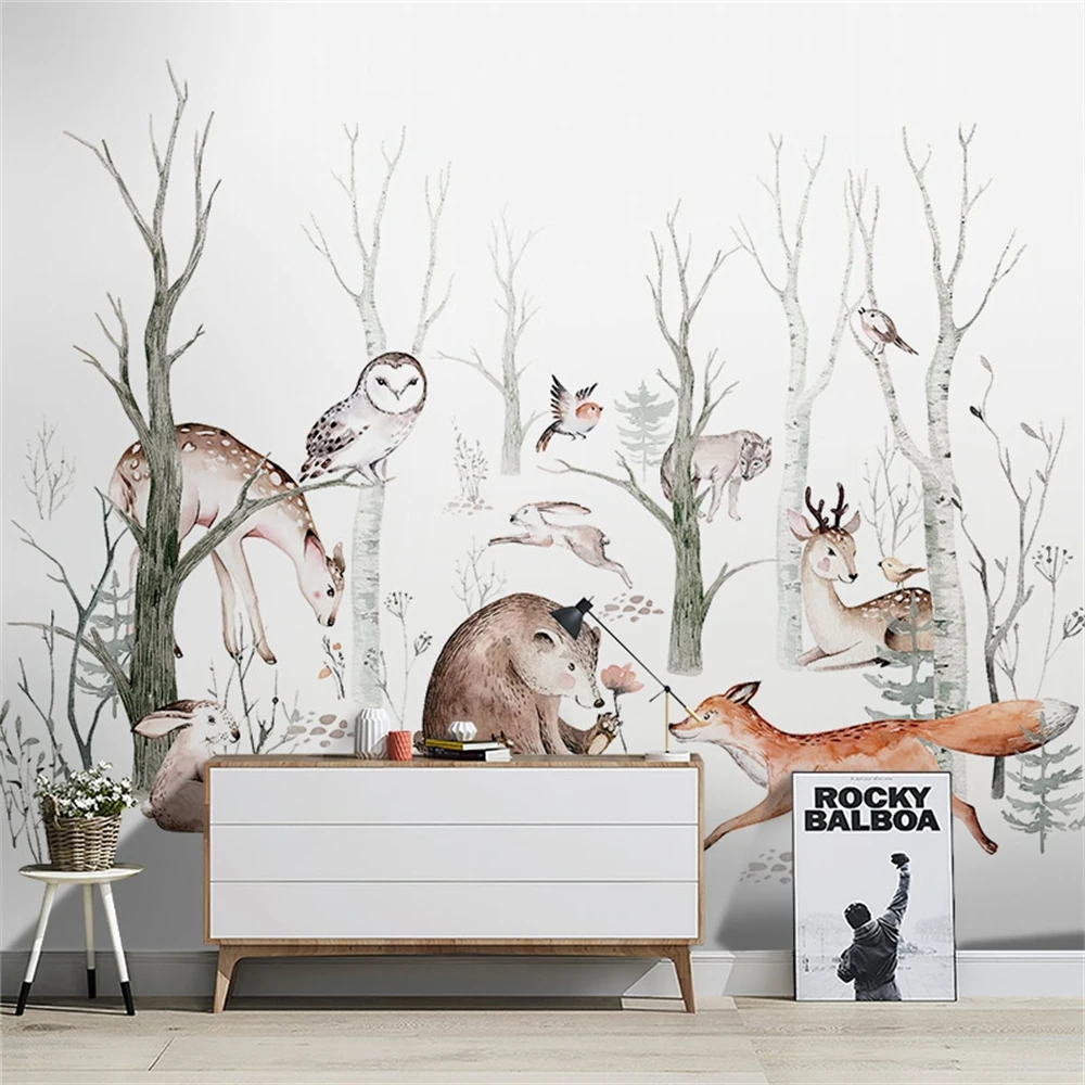Custom European cartoon animal wall cloth Nordic abstract forest wallpaper for children's room art mural wallpaper TV background