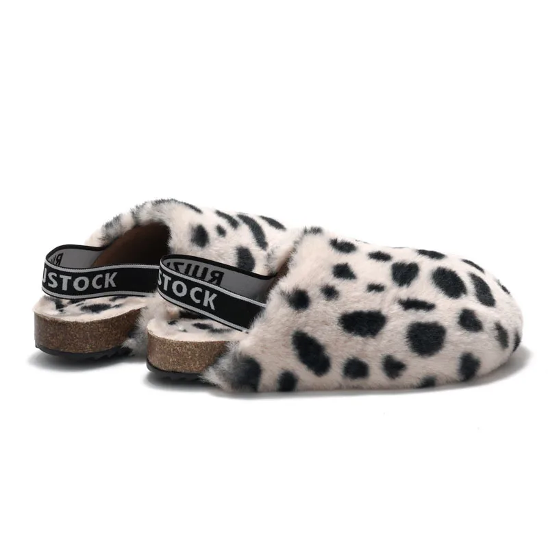 Leopard Print Fluffy Slippers Women Winter Short Plush Fur Slides Cork Mule Clogs Casual Soft Warm Fleece Flats Ladies Shoes