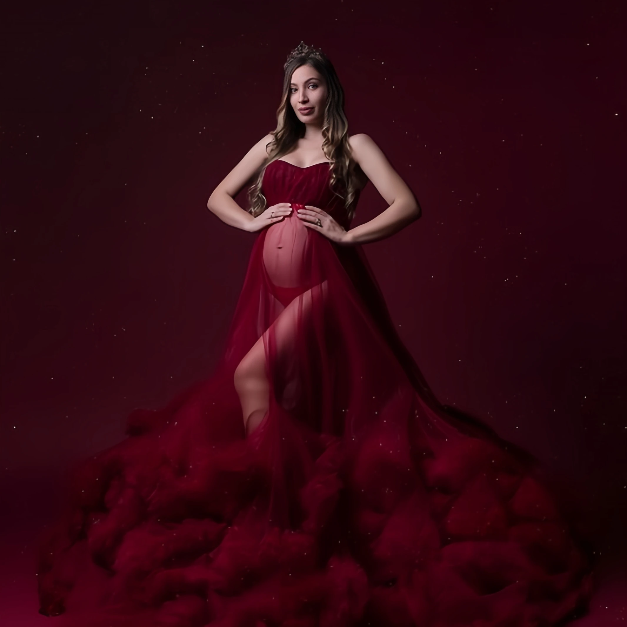 Vestido de maternidad de tul rojo Para sesión de fotos, Vestido de embarazo con hombros descubiertos, Vestido de Navidad esponjoso con volantes, Vestido Para Grávida