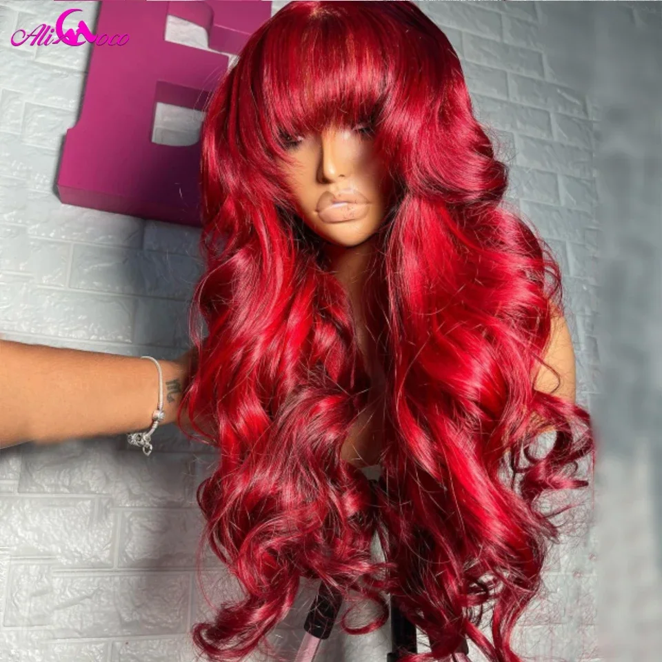 13x4 Red Human Hair Wig With Bangs Lace Front Wig For Women Body Wave Human Hair Lace Front Wig 5x5 Lace Closure Wig For Women