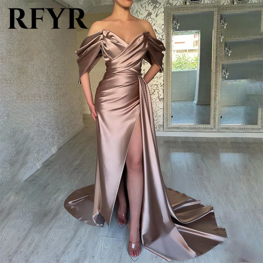 RFYR Pleat Stain Mermaid Evening Dresses Off the Shoulder V Neck Formal Dresses Side Split robes du soir Sexy Party Dresses