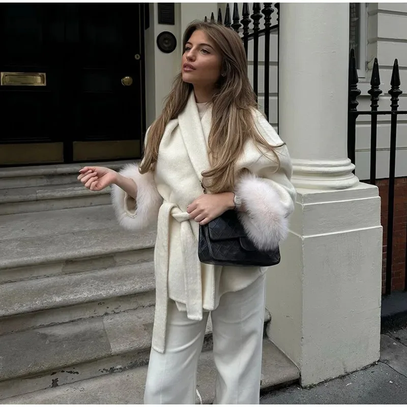 

Solid Long Sleeve V-neck Open Stitch Coats Female 2025 Autumn Fashion Lady JacketElegant Lace Up Fur Patchwork Coat Women Loose