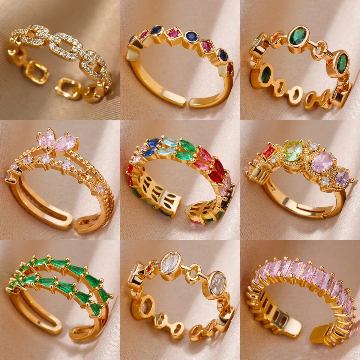 Irregular Hollow Opening Rings For Women Stainless Steel Gold Color Geometric Colorful Shiny Zircon Crystal Ring Fashion Jewelry