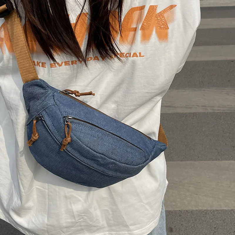 Chest Bag For Women Solid Color Waist Bags High Quality Women Shoulder Bag Denim Fabric Fanny Pack Crossbody Small Bag