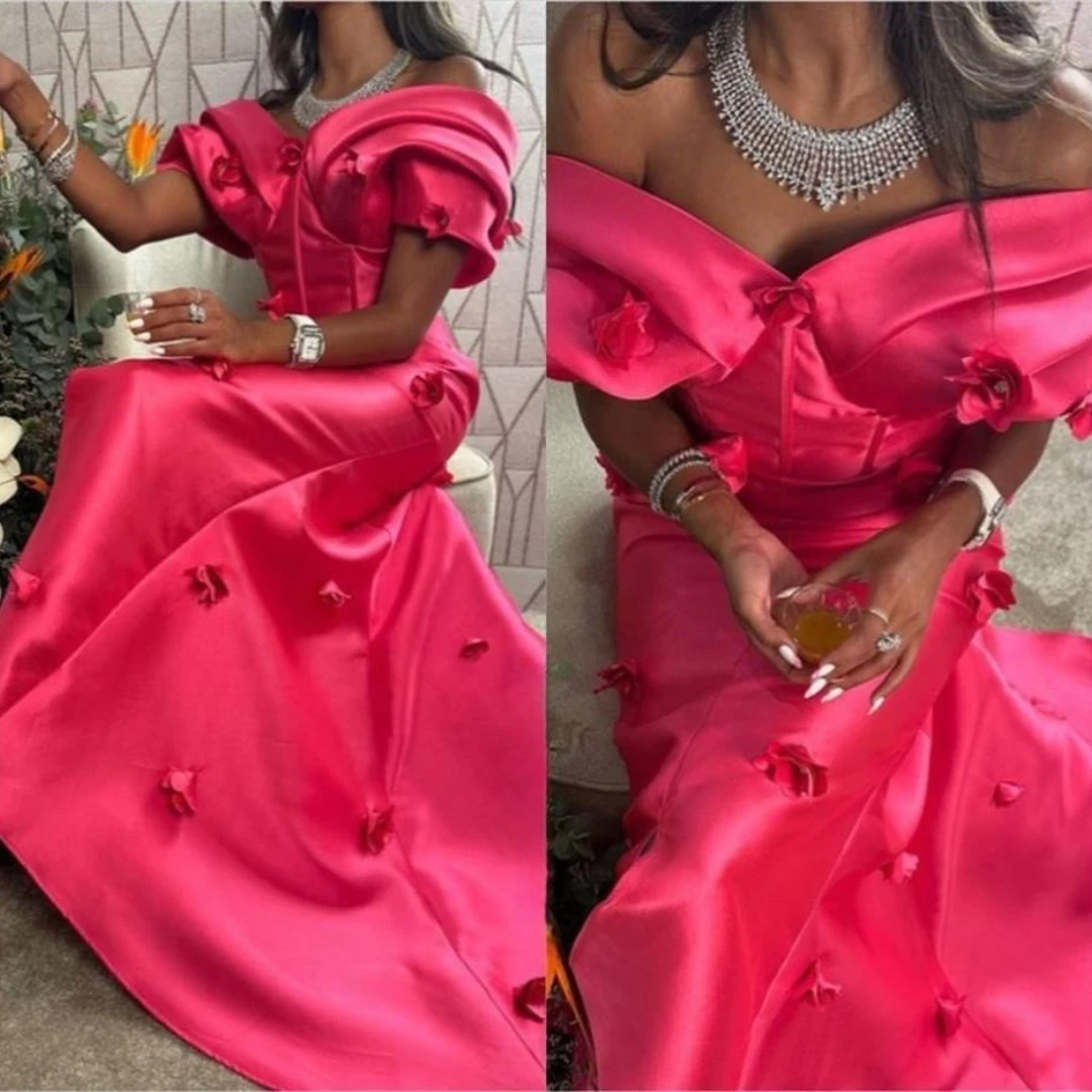 

Santorini Generous Ruched Off Shoulder Prom Dresses Flowers Formal Occasion Dress Front Slit Sweep Train Evening Party Gowns