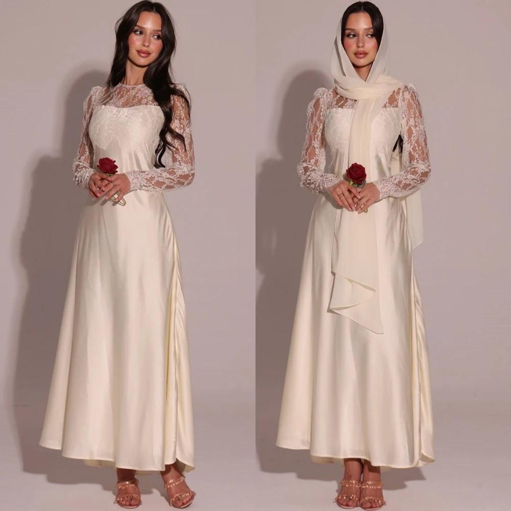 

Customized High Quality Satin Long Sleeves Evening Dress Elegant O-Neck Prom Dress Classic Lace Special Occasion Gowns