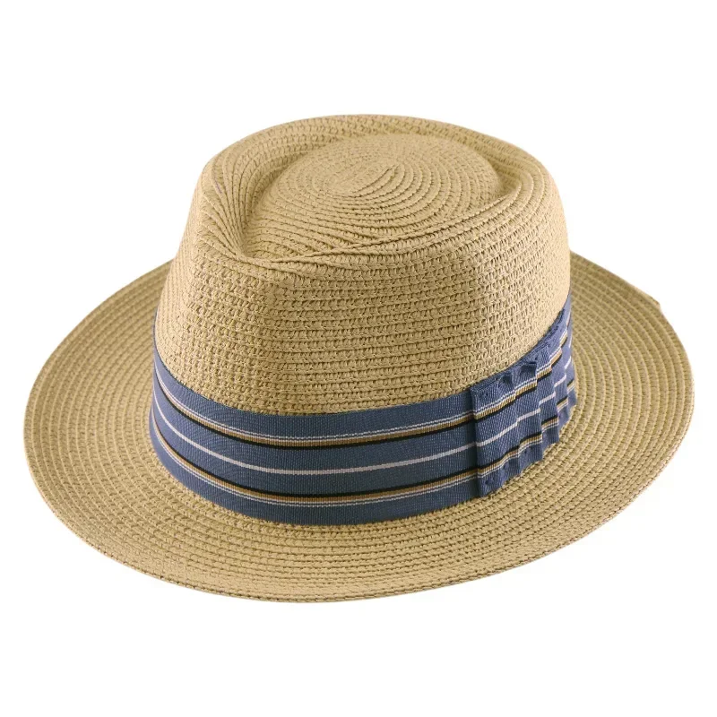 Straw Hat Breathable Braided UV Sun Protection Wide Brim Striped Ribbon Boater for Beach Summer Vacation Outdoor Men Women
