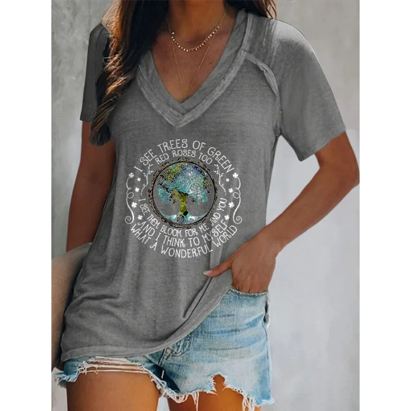 ilstile Women's Hippie Letter Print T-Shirts Summer Casual Short Sleeve V Neck Tops Blue Grey Green Tees Hot Sale
