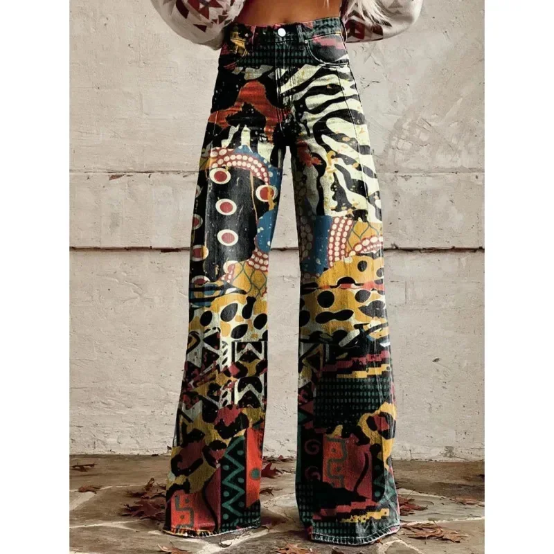 Button-zip Y2K Printed Pants Women Elegant Vintage High Waisted Bell Bottom Pant Fashion Floral Versatile Casual Fly Pants New