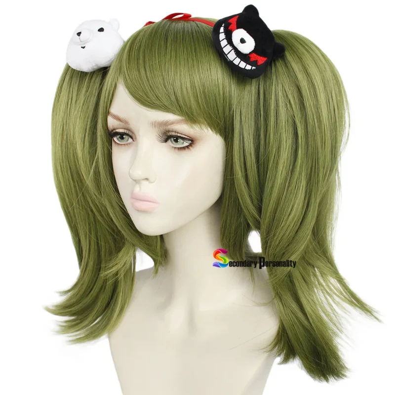 Game Danganronpa cosplay Monaka Monaca Towa wig Dangan Ronpa Green clip ponytails heat resistant hair wig