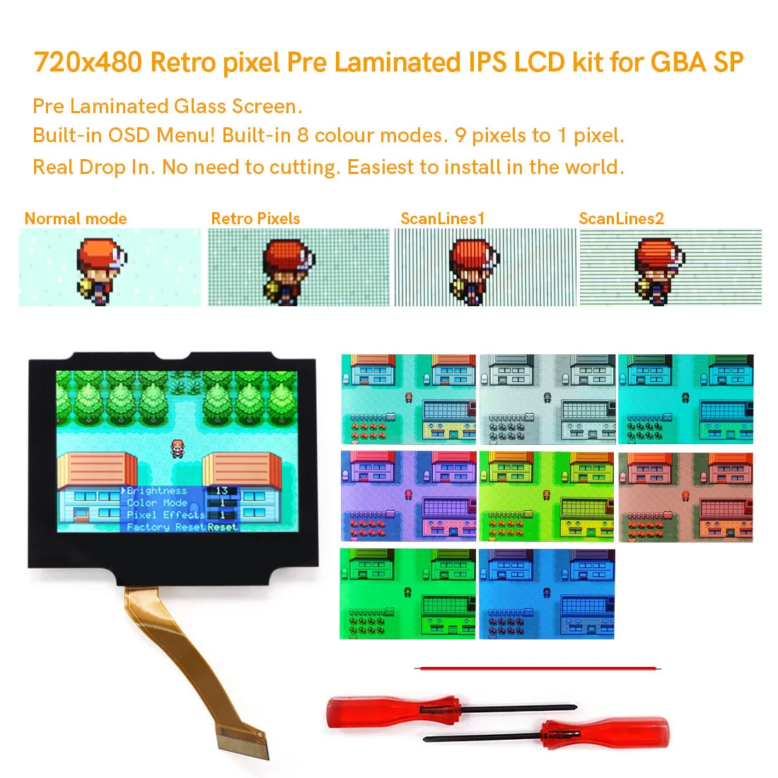 Kit de LCD IPS de píxeles Retro para consola GBA SP, retroiluminación LCD para consola GBA SP, sin necesidad de cortar, V5, prelaminada, 720x480