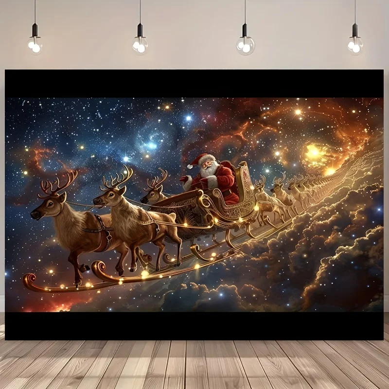 خلفيات عيد الميلاد ذات الطراز الكبير والواقعي مع مزلقة سانتا كلوز ونجوم الرنة والمتلألئة - زينة للعطلات #1