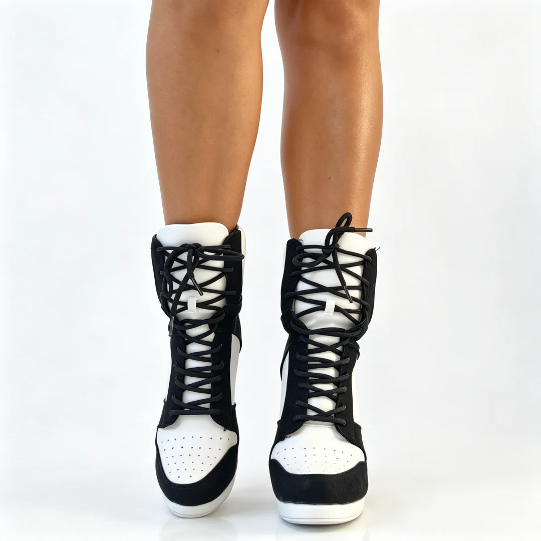 Sports Lace Up Women's Short Boots Thick Sole Mixed Color Stilettos Autumn Winter New Street Style Casual Rock Botines Mujer