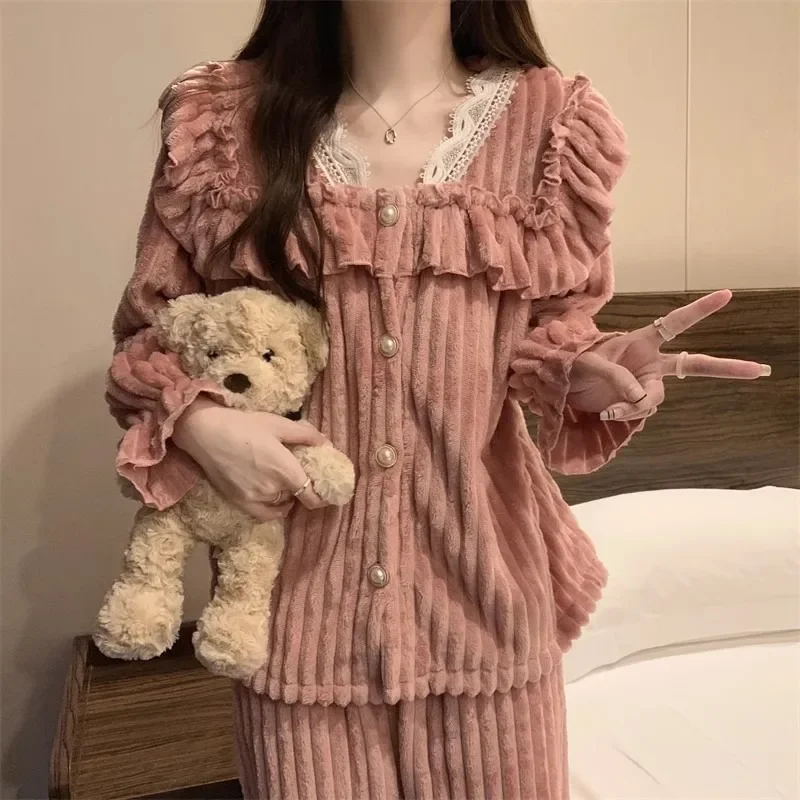 2024 New Autumn Pajamas Set Women\'s Coral Flannel Winter Two-piece Set Comfort Thickened Flannel Coral Velvet Homewear Suit