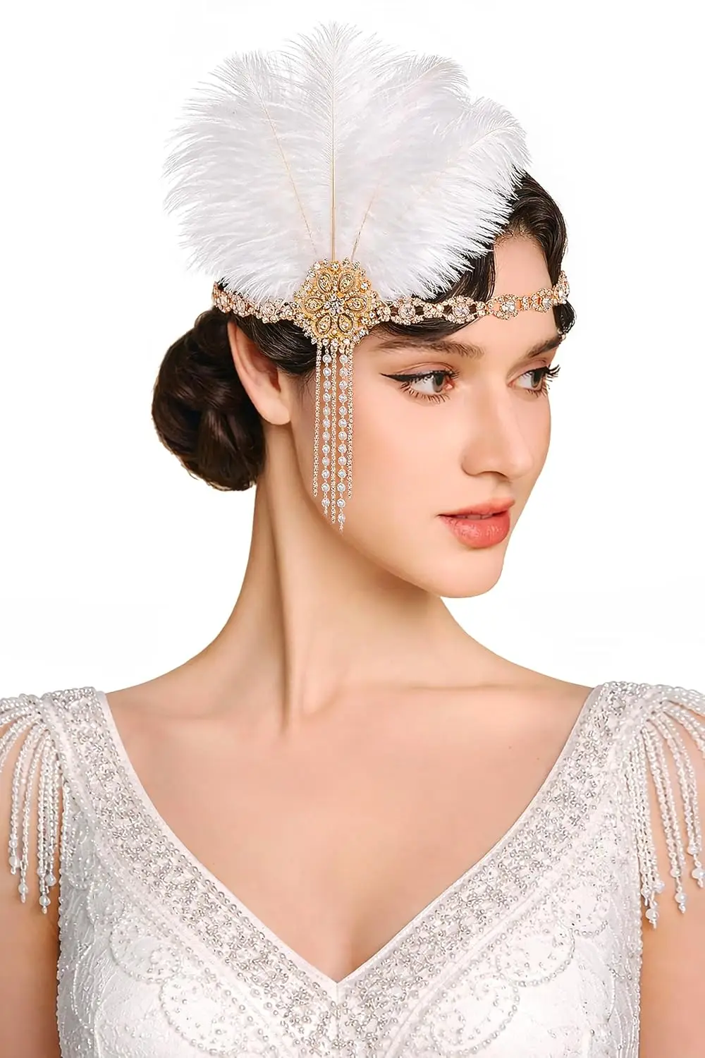 BABEYOND 1920s Flapper Headpiece, Feather Headband with Rhinestones Tassels, Roaring 20s Gatsby Costume Accessory