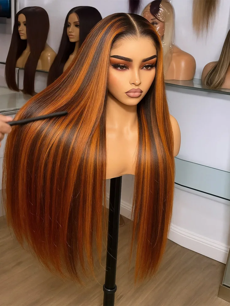 

#4/350 Bone Straight Human Hair Wigs 5x5 Lace Closure Glueless Wigs Ombre Ginger With Brown No Silk No Glue Highlight Wig
