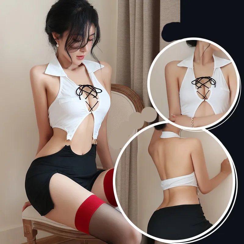 Sexy lingerie Tight strap deep V-notch hip hugging skirt Women\'s Halloween costumes Babydoll crotchless cosplay maid Sex shop